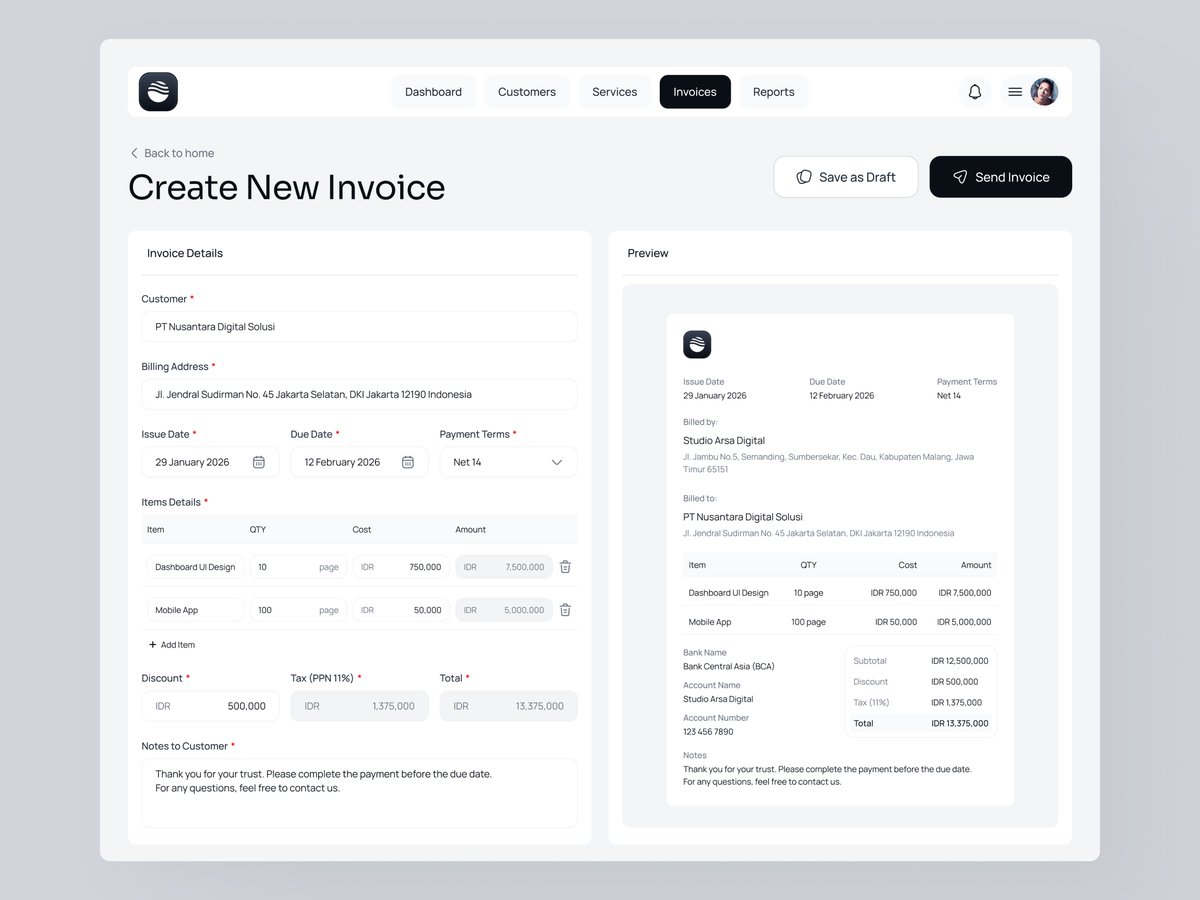 miawmiawstudio's tweet photo. Create Invoice Experience — Minimal Finance SaaS UI
https://t.co/wiiUpyaCc5
This dashboard showcases a Create New Invoice experience designed for service-based businesses.
#uiux #uidesign #website #fintech #finance #saas #invoice #management #financemanagement #adminpanel https://t.co/dPVNEXvRzA