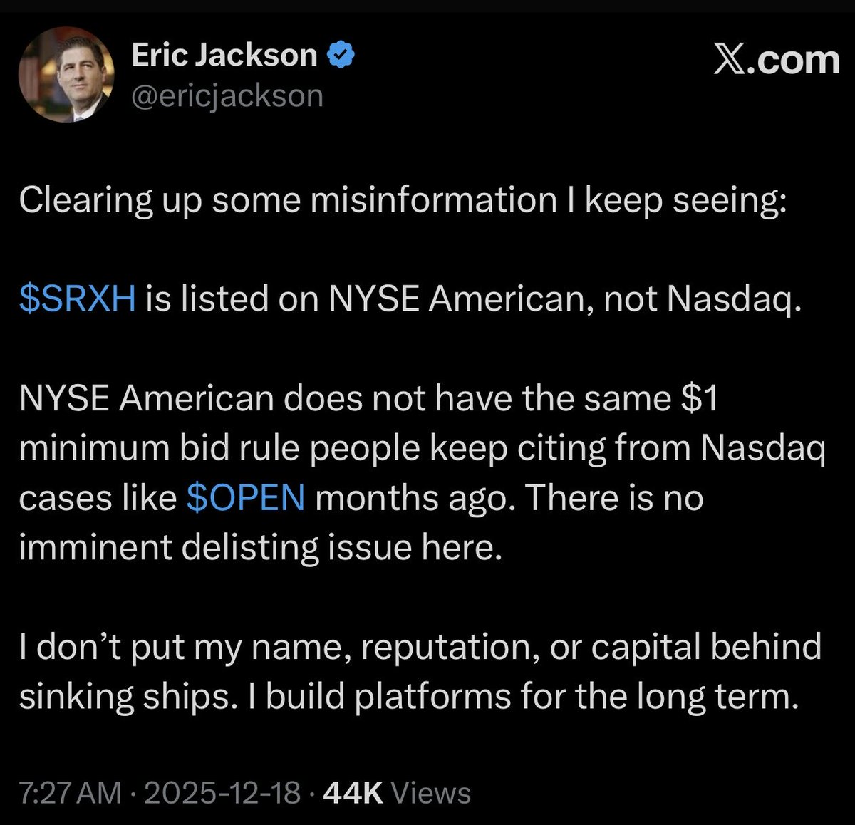 Baba_Yaga_1969's tweet image. $SRXH Love him or hate him, @ericjackson is the reason $OPEN caught fire and right now it is trending number one on @Stocktwits for a reason. He called it early, turned attention into action, and built real conviction in the market. Now $SRXH is clearly his next focus and his new…