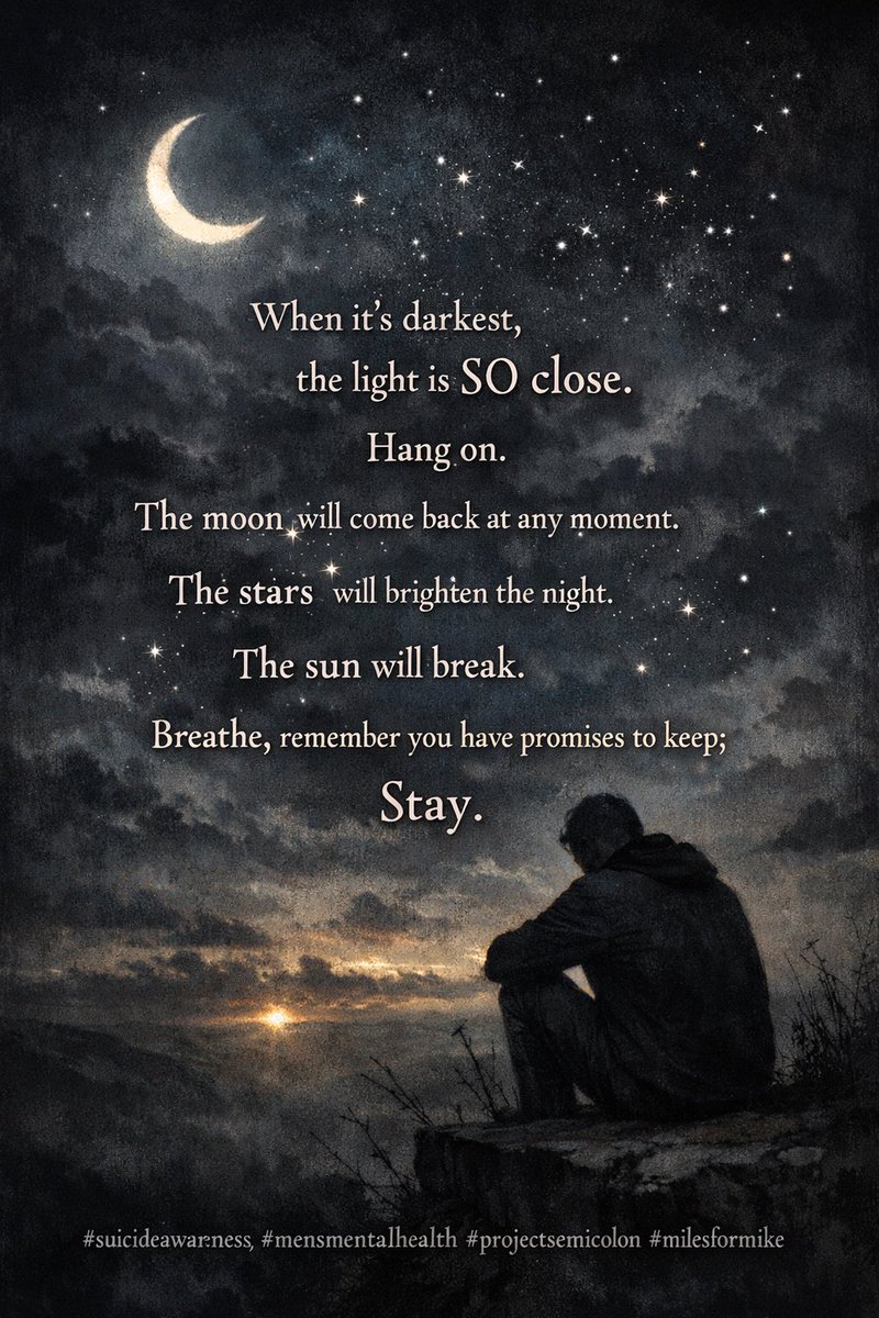 AK_El_Jefe's tweet photo. When it’s darkest, the light is so close.
Breathe.
Stay.
There’s hope.
#ProjectSemicolon
#suicideawareness
#milesformike
#MensMentalHealth
#JoyEveryMoment🌙✨💗 https://t.co/wg0b1w7G7M