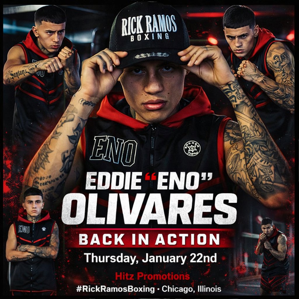 RickRamosBoxing's tweet photo. Eddie “ENO” Olivares returns! #ENO #HitzBoxing
Not by chance. Not by luck.
By work… sacrifice… and unfinished business. 🥊
Private show. Hidden arena. 🤫 💥
⭐️ @Eddie_NicolasO
🎤 @HitzBoxing
#RickRamosBoxing #ChicagoBoxing #ChicagoSports #Boxing #Boxeo https://t.co/mgHA2NoUKb