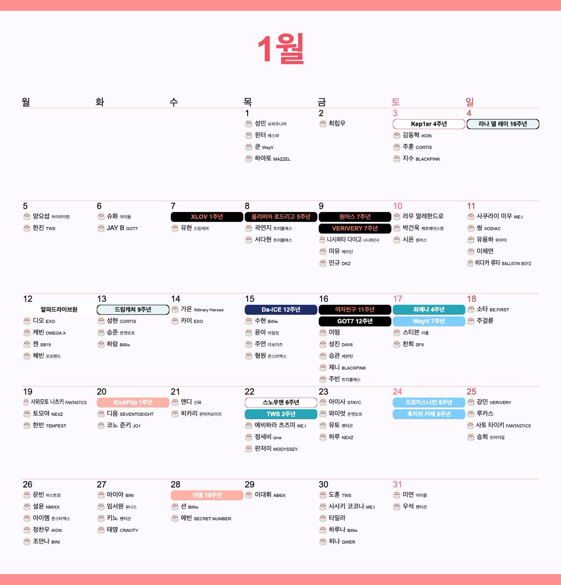 myloveidol_kpop's tweet photo. 🔔 #최애돌 2026년 1월 #새해 아이돌 달력 도착📩
🎂생일
#윈터 #최립우 #주훈 #지수 #한진 #슈화 #박건욱 #시온 #디오 #성현 #카이 #주연 #형원 #제니 #스티븐 #토모야 #강민 #문빈 #설윤 #아이엠 #키노 #이대휘 #도훈 #미연 ...💬
🎉데뷔일
#Kep1er #XLOV #원어스 #VERYVERY #알파드라이브원 #드림캐쳐 #여자친구 #GOT7 #WayV #KickFlip #스노우맨 #TWS #프로미스나인 ...💬
🧚최애 기념일 챙기고 싶다면?👇🏻
https://t.co/Rwkr6W6v0O