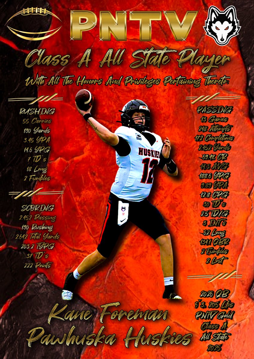 PrepNation_TV's tweet photo. #OKPrepStory: Prep Nation has named 
Pawhuska QB @KaneMForeman  as Class 
A All State, for the 2025 Football Season. 
The Senior had 204 Rushing Yards, plus
led the Huskies with:

2,452 Passing Yards
2,656 All Purpose Yards
37 TD’s (30 Passing, 7 Rushing) https://t.co/mP38CecMVk