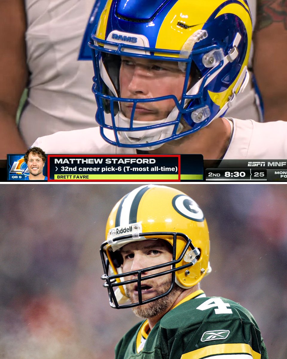 YahooSports's tweet image. Matthew Stafford is now tied with Brett Favre for the most pick-6's (32) in NFL history 😳