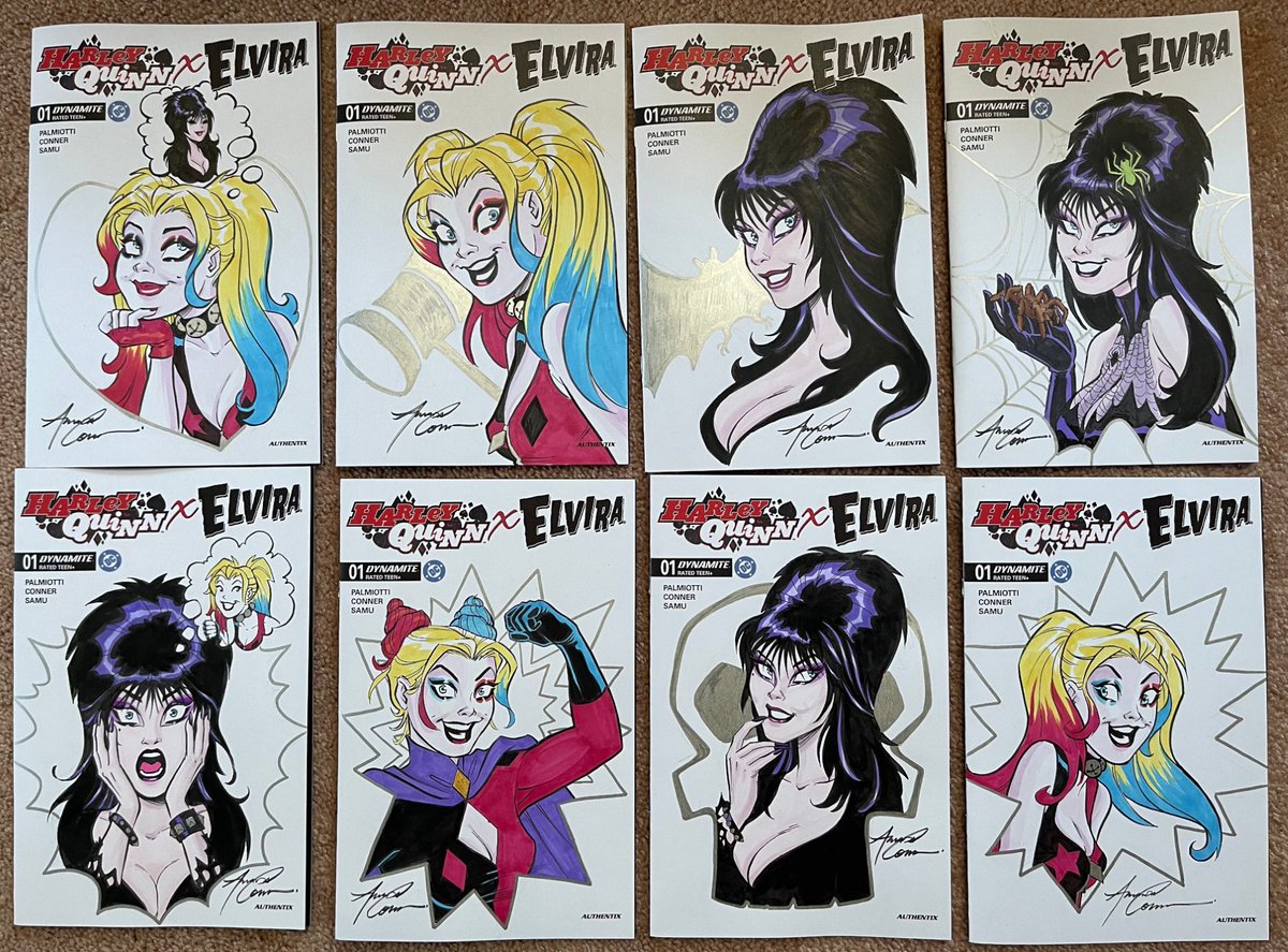jpalmiotti's tweet image. These 8 original art pieces are in the Blind Bagged Harley X ELVIRA comics this week. Amanda Conner drew them all with Pen and Ink and marker and they are originals, one of a kind and not printed. So if you are lucky enough to find one, let me know...because I don't thing enough