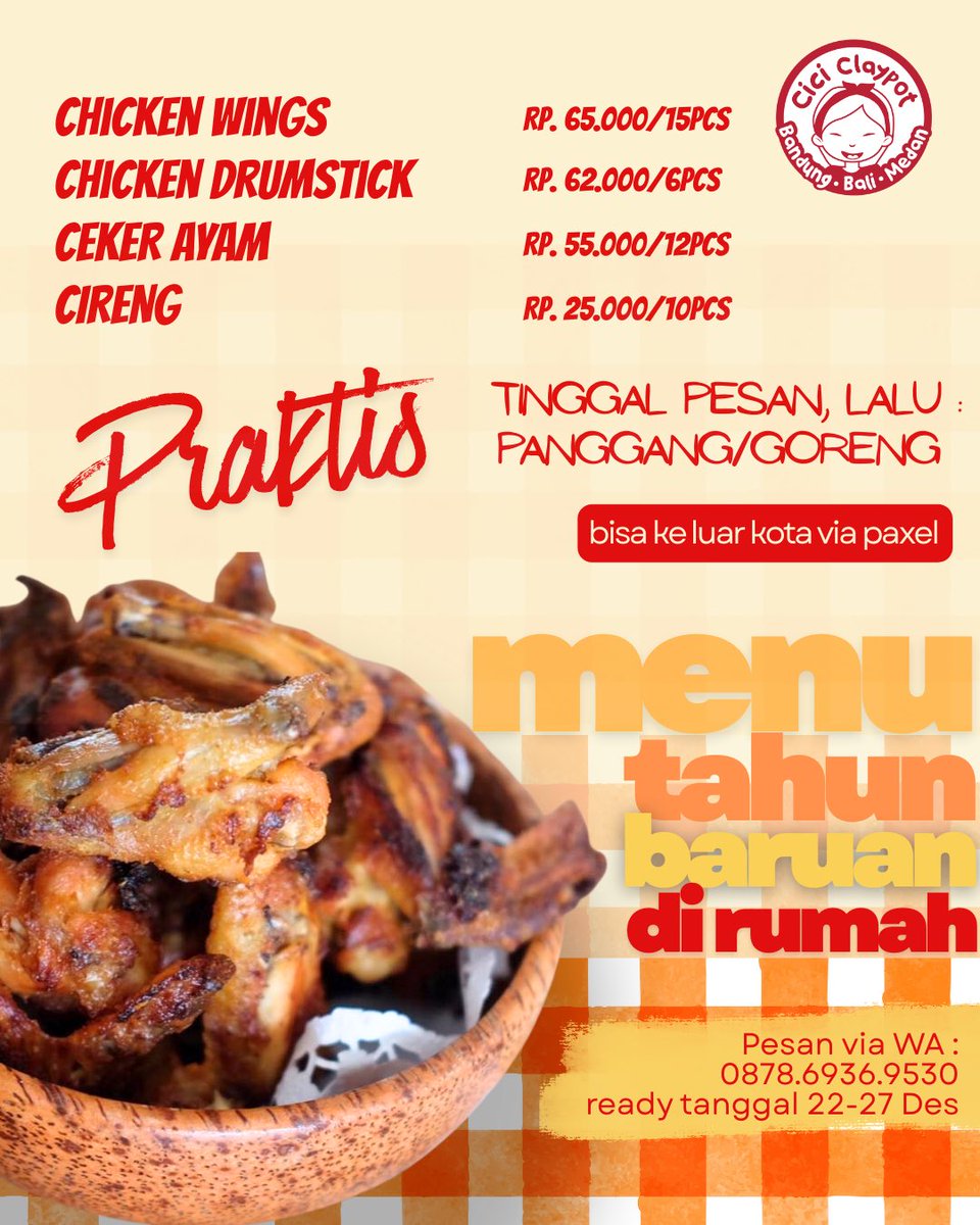Buat yang mau malam tahun baruan di Bandung ada Chicken Wings, Drumsticks, Ceker Ayam &amp; Cireng yang praktis. Tinggal WA aja ke 087869369530 ya. Stocknya tinggal dikit jangan sampe keabisan sih kata aku mah.
