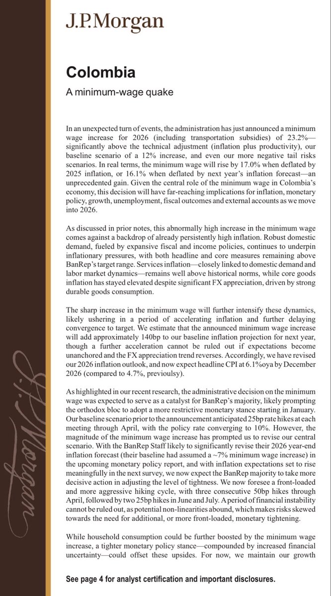 lonrod7's tweet image. JP Morgan destaca el “terremoto del salario mínimo” en Colombia.

Destaca los previsibles impactos que tendrá el aumento irracional en:

- encarecimiento del costo de vida (inflación)
- aumentos bruscos de tasa de interés 
- desempleo e informalidad 
- descalabro de finanzas…