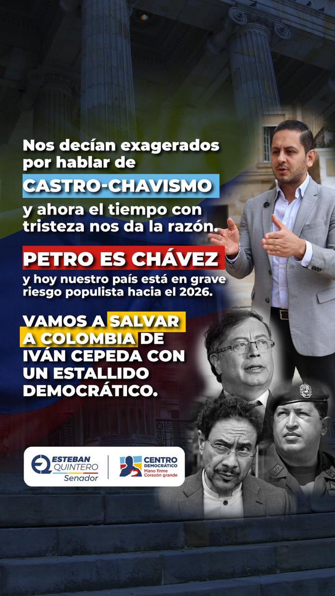 estebanquincar's tweet photo. 🚨Cuidado Colombia, no repitamos la historia de nuestro país hermano. Allá estaban celebrando el populismo y hoy miren cómo están. No podemos cometer el mismo error.

❌ Nos decían exagerados por hablar de Castro-Chavismo y ahora el tiempo con tristeza nos da la razón. Petro es Chávez y hoy nuestro país está en grave riesgo populista hacia el 2026. Vamos a salvar a Colombia de Iván Cepeda con un estallido democrático. Vota Senado @cedemocratico @palomavalencial 08 de Marzo