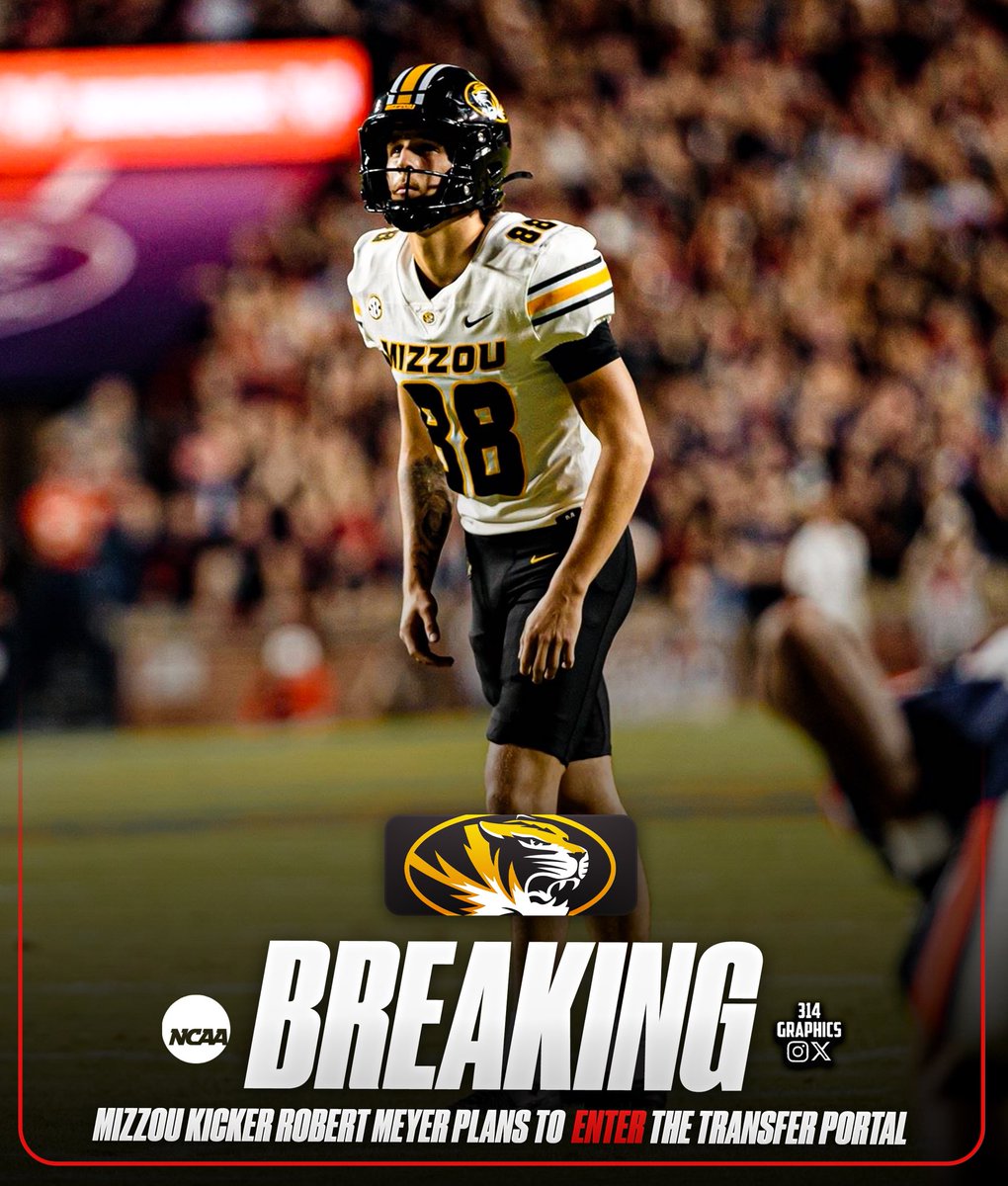 314Graphics's tweet image. BREAKING: Missouri K Robert Meyer plans to enter the NCAA Transfer Portal, he tells me.
•
The 6’3”, 180-lb freshman went 10/14 on field goals and 36/38 on PATs this season. He will have 3 years of eligibility remaining.
•
Where’s next for the Colfax, Calif. native??