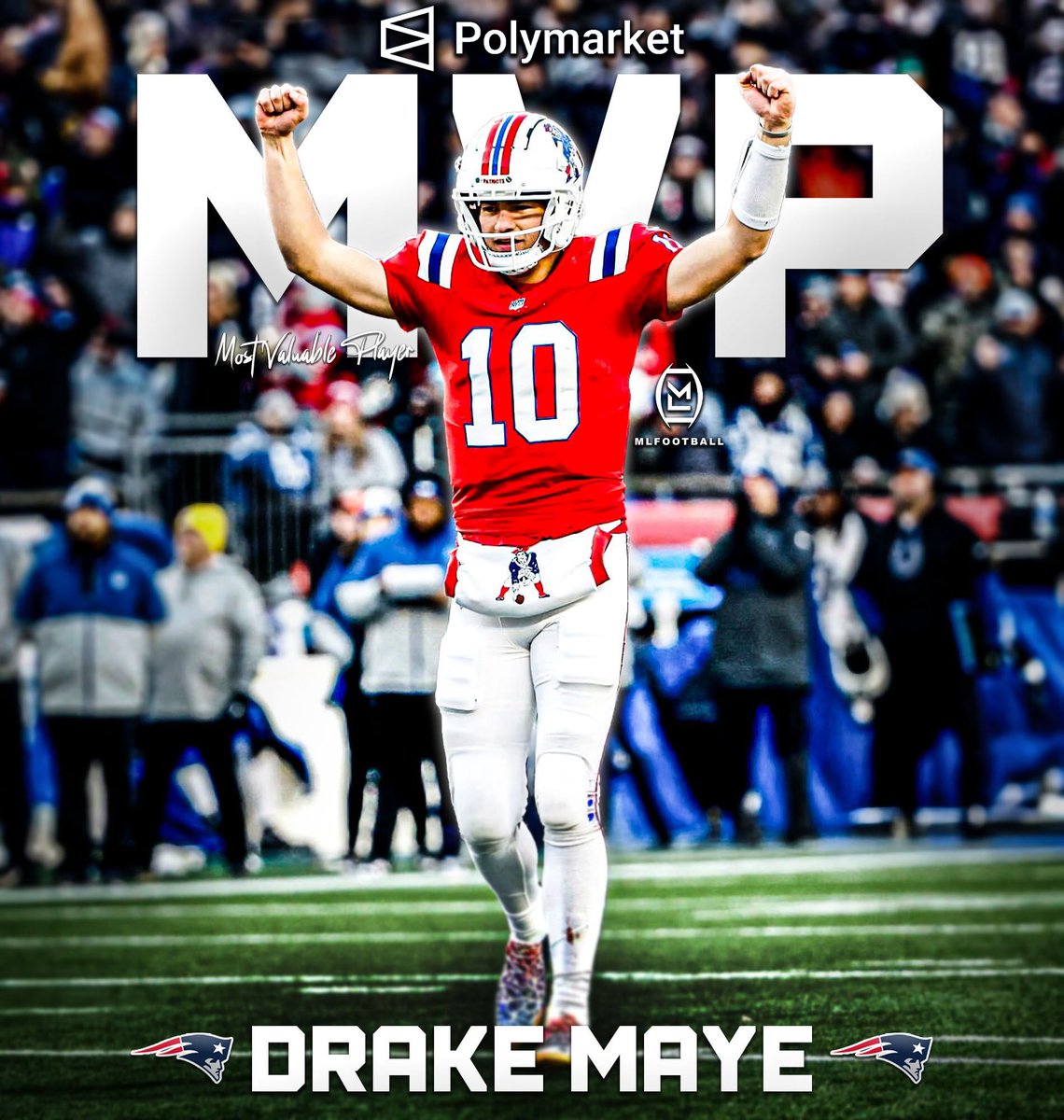MLFootball's tweet image. 🚨🚨BREAKING NEWS🚨🚨

New England #Patriots quarterback Drake Maye is now the FAVORITE to be the 2025 #NFL MVP, according to @Polymarket.

Drake just passed Stafford. Maye, at 23 years old, would be the 4th-youngest Most Valuable Player ever.

Drake is having a historic season🤯