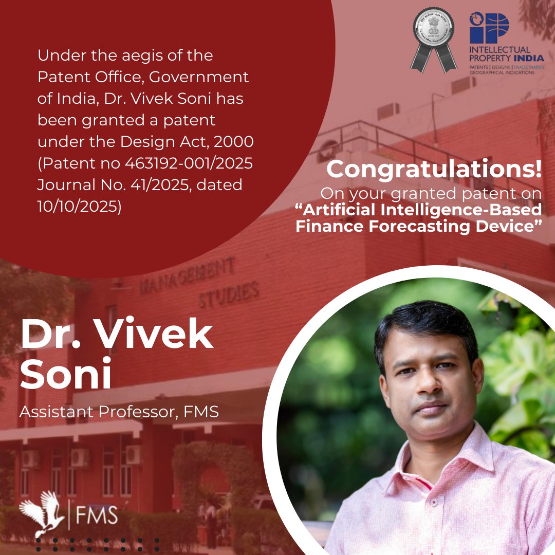 FMS_Delhi's tweet image. This remarkable achievement reflects academic excellence, innovation, and impactful research. It is a proud moment for the FMS fraternity.

#patents #patentdesign #aipoweredplatform #artificial_intelligence