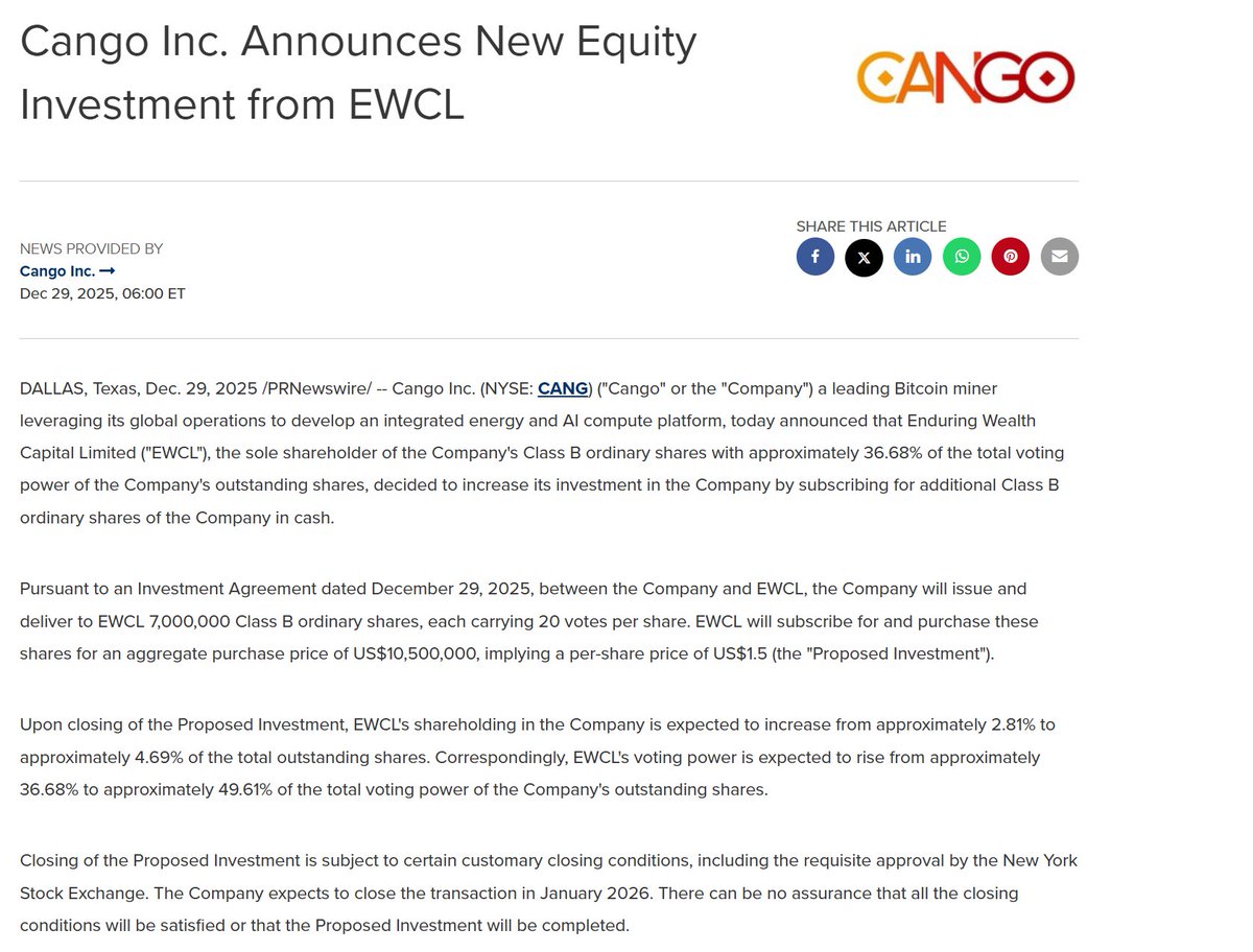 Cango获EWCL 1050万美元战略入股比特币矿企Cango Inc. 发布公告称，公司已与其B 类普通股唯一股东Enduring Wealth  Capital Limited（EWCL）签署投资协议。根据协议，EWCL 将以每股