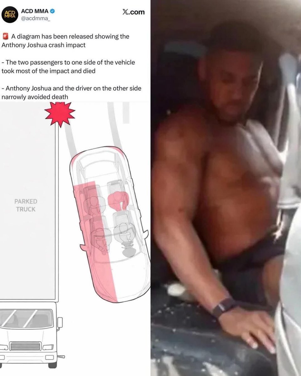 New diagram reveals the force of the Anthony Joshua crash. The two passengers on one side of the vehicle absorbed the full impact and tragically lost their lives. 

Anthony Joshua and the driver, seated on the opposite side, escaped with injuries. 
Via: <a href="/acdmma_/">ACD MMA</a>