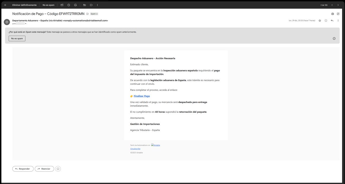 hace un par de días hice un pedido a una web extranjera y justo hace unas horas me llega esto a spam... es preocupante que JUSTO haya coincidido, y casi pico de no haberme fijado mejor, de hecho el correo iba a un email distinto al que usé (lo tengo redirigido a mi gmail)