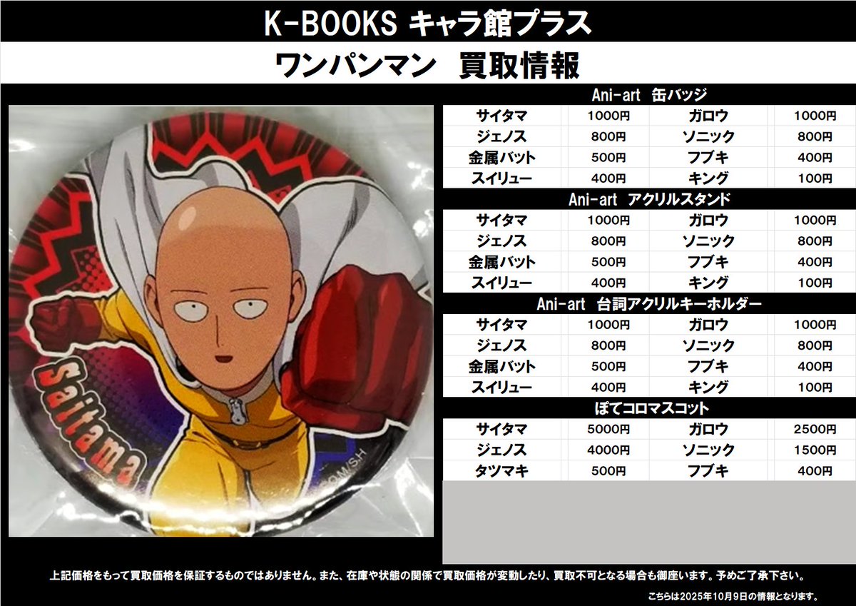 買取情報】 ワンパンマン ☆トレーディング Ani-Art ・缶バッジ