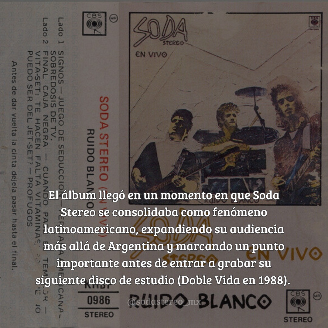 ⚡🎸 Lanzado en 1987, Ruido Blanco fue el primer álbum en vivo de Soda Stereo y el testimonio sonoro de una banda en plena expansión continental. Grabado durante la gira de Signos, el álbum captura la energía cruda de conciertos.

🎶✨ El sonido de Soda Stereo, sin filtros.