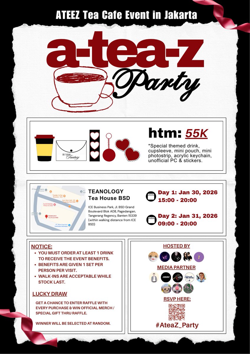 aburaseonghwa's tweet photo. 2026 ATEEZ Cafe Event JKT

⋆☕︎ ˖ 𝘼-𝙏𝙀𝘼-𝙕 𝑷𝒂𝒓𝒕𝒚 ⋆☕︎ ˖
by @atz_cafe

📍Teanology Tea House, BSD
🗓 Jan 30, 2026: 3pm - 8pm
🗓 Jan 31, 2026: 9am - 8pm

🏷 HTM: IDR 55.000 
📥 RSVP: https://t.co/6jzoyYuWLB

✰RSVP: Des 29 - close
✰One RSVP for One pax

#AteaZ_party https://t.co/DD4gvTnnFP