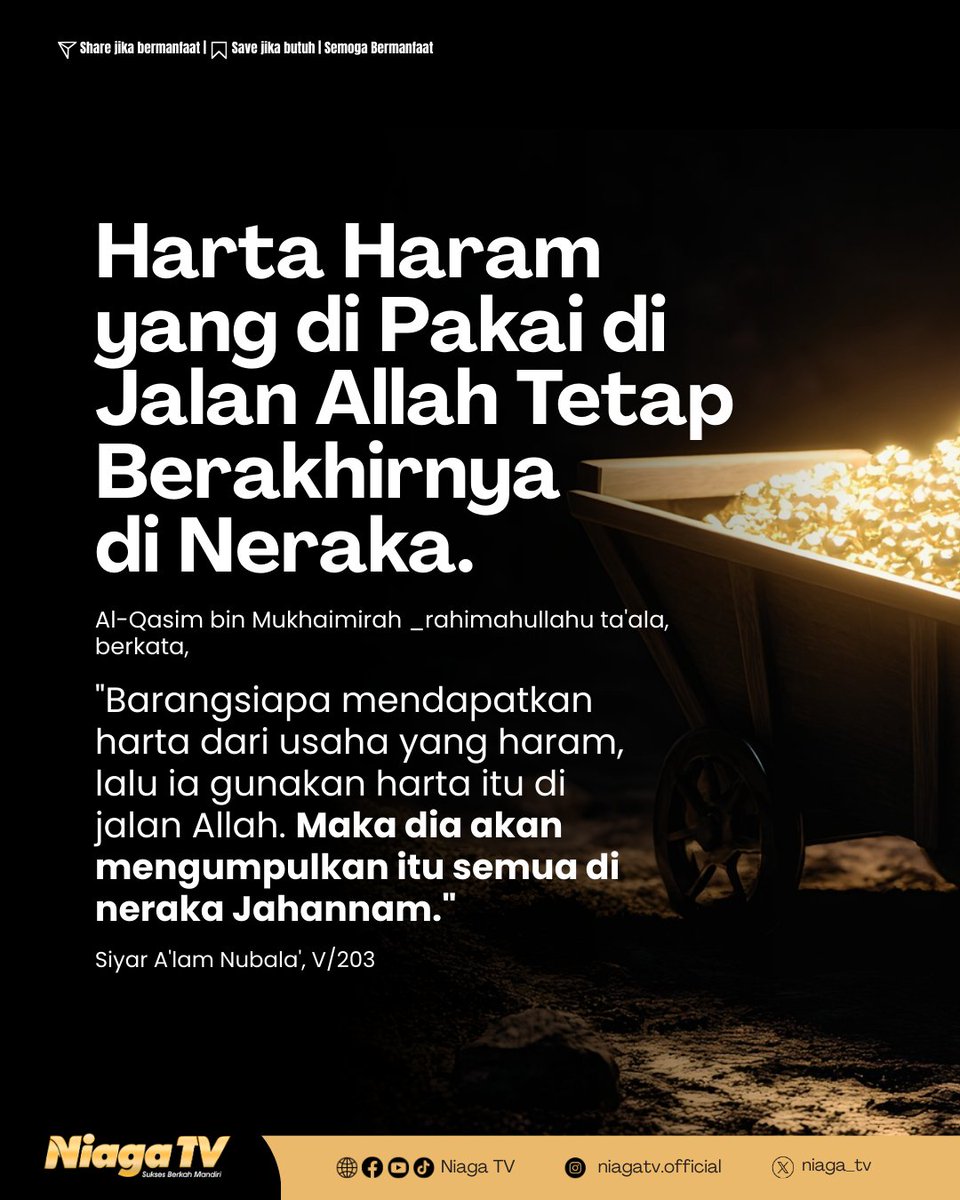 Harta haram yang di pakai di jalan Allah tetap berakhirnya di neraka...

#sunnah #reminder #Islam #quote