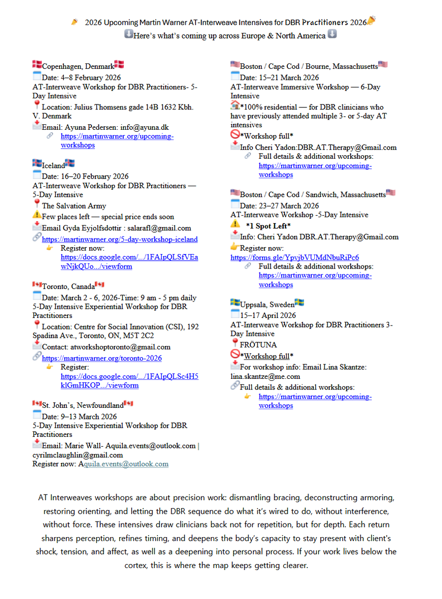 DBRTherapist's tweet photo. 🧠 2026 AT Interweaves for DBR
LIVE & IN-PERSON w/Martin Warner 5-day Intensives for Deep Brain Reorienting Clinicians
📍FEBRUARY
🇩🇰Denmark
🇮🇸Iceland
📍 MARCH
🇨🇦Toronto
🇨🇦Newfoundland
🇺🇸Cape Cod, MA
📍APRIL
🇸🇪Sweden
🧭#DBR #ATInterweaves #DeepBrainReorienting #DBRAT #MartinWarner https://t.co/1gZcVREiw6