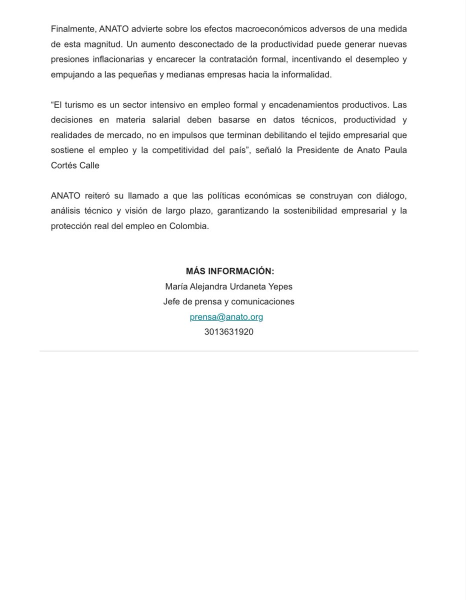 🗞️ #ComunicadoANATO

ANATO advierte impactos críticos del aumento del salario mínimo en el turismo.

🔵 Un incremento cercano al 23% rompe la planeación financiera del sector, afecta la competitividad del #turismo receptivo y pone en riesgo el #empleo formal, especialmente en las