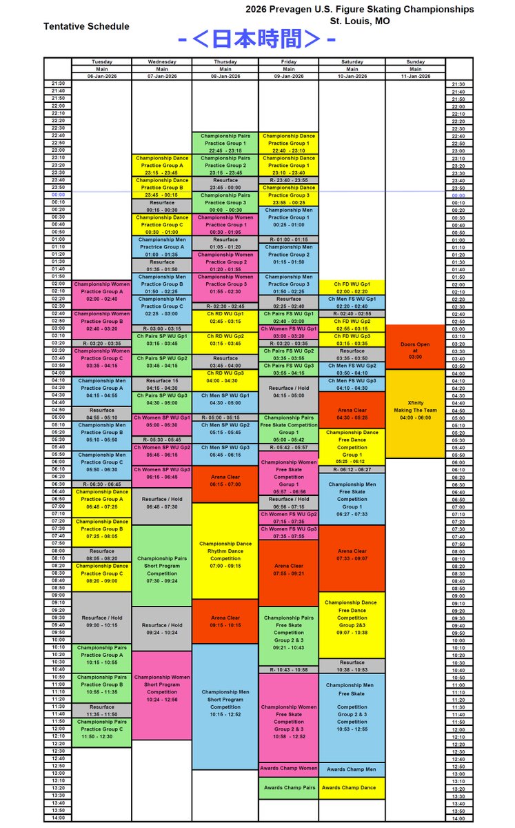 Mappe_da's tweet image. 全米フィギュア 2026
⠀
◆1/8(木)
⠀
07:30-09:24●ペアSP
⠀　チャン/ハウ, カム/オシェイ
10:24-12:56●女子SP
⠀　アンバー, レヴィト, アリサリウ
⠀
◆1/9(金)
⠀
07:00-09:15●ダンスRD
⠀　チョック/ベイツ, シブタニ/シブタニ
10:15-12:52●男子SP
⠀　ジェイソン, マリニン, カムデン…