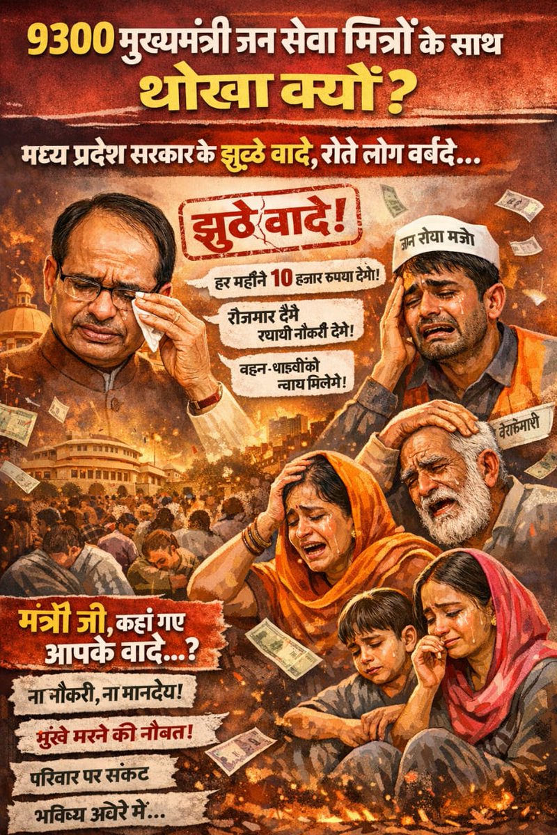 हम गाँव से निकले युवा हैं,
सरकार के वादों पर भरोसा किया था।
आज 9300 परिवारों का भविष्य अंधेरे में है।

हमारा भविष्य बर्बाद मत करो।
#9300जनसेवामित्र #JusticeFor9300
<a href="/ChouhanShivraj/">Shivraj Singh Chouhan</a> 
<a href="/DrMohanYadav51/">Dr Mohan Yadav</a> 
<a href="/AmitShah/">Amit Shah</a> 
<a href="/CMMadhyaPradesh/">Chief Minister, MP</a> 
<a href="/DrMohanYadav51/">Dr Mohan Yadav</a> 
<a href="/Amit_SharmaINC/">Amit Sharma INC</a> 
<a href="/INCIndia/">Congress</a>