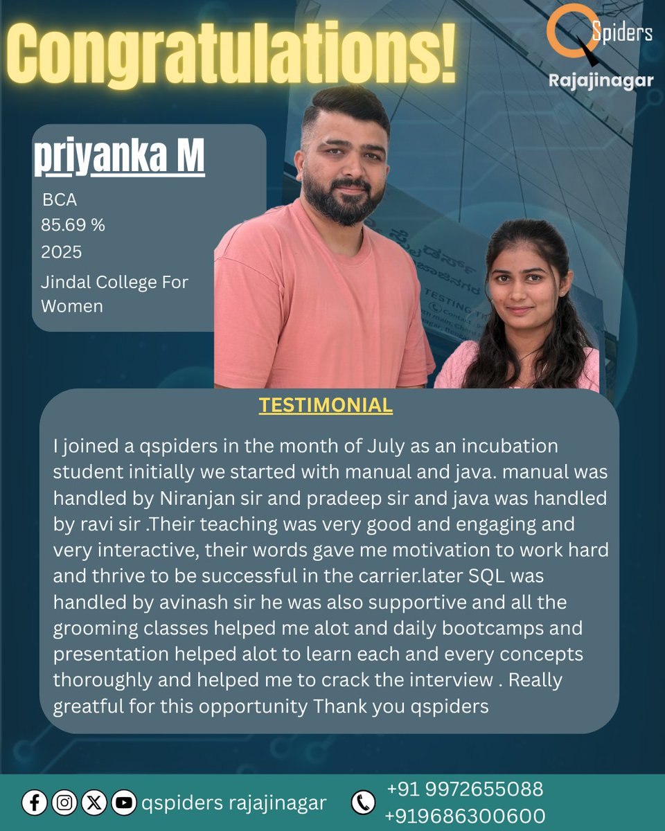 QRajajinagar's tweet photo. From a student with dreams to a confident IT professional in the making
Priyanka’s 
#QSpidersRajajinagar #PlacedAtQSpiders #FutureITProfessional #TestingCareer
#SoftwareTesting #JavaTesting #SQLDeveloper #ManualTesting
#ITTrainingInstitute #CareerTransformation #BangaloreStudents https://t.co/6dUaw2Wjo6