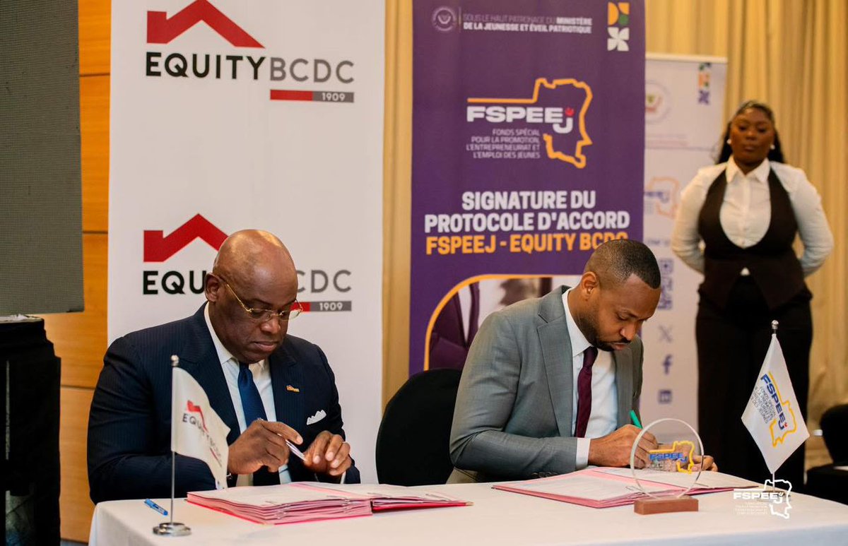 CnjRDC's tweet photo. Nous avons pris part à la cérémonie du protocole d’accord entre le #FSPEEJ et #EquityBCDC, ainsi qu’à la remise des documents de formalisation des entreprises des jeunes, organisée sous le haut patronage de SEM la Min. de la Jeunesse et Ev. patriotique @GraceKutino. ... https://t.co/U6igwpnhSH