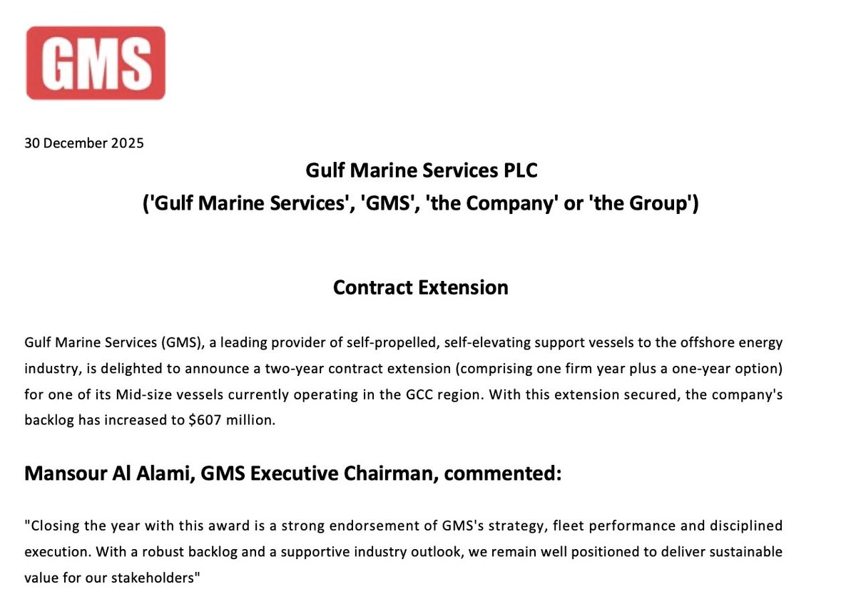 Another day, another contract announcement by Gulf Marine Services.. 

Today $GMS.L announced a new contract (1 year + 1 year option) for one of its mid-size liftboats (i.e. S-Class), which brings the total backlog to $607m.

We estimate that the dayrate on this latest contract
