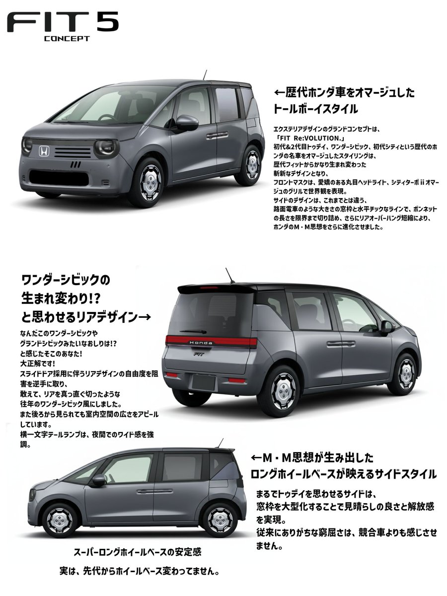 zc33s_EG6_RUN's tweet image. ついに、あのフィットがフルモデルチェンジ!?
今度のフィットは、まさかのスライドドア採用。
新開発3気筒エンジン搭載
歴代ホンダ車をオマージュしたデザインは、かなり新鮮。

FIT 5、新登場。
※コンセプトモデルです。
#ホンダ #Honda #FIT #新型フィット 

fuurai20020115.livedoor.blog