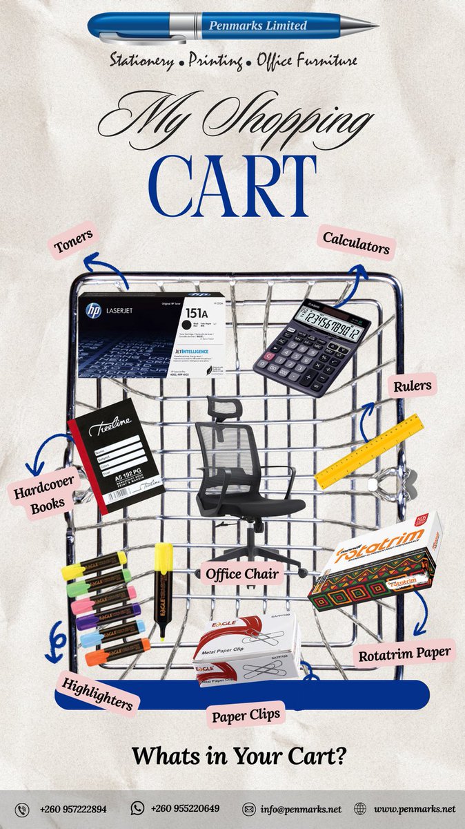 penmarkslimited's tweet image. What’s in your cart? 🛒✍️
From toners to calculators to office chairs we’ve got everything your workspace needs
#OfficeEssentials #Stationery #WorkSmart #PenmarksLimited

Call: +26095722894 | Whatsapp: +260955220649
Address: Plot 831 North End Cairo Road, Lusaka Zambia