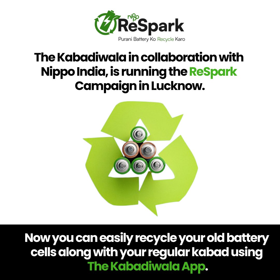 Battery cells power everyday life remotes, clocks, toys &amp; more. 

Yet 90% never get recycled, ending up in bins, landfills, or burned with waste.

Through #ReSpark in Lucknow, <a href="/TheKabadiwala/">The Kabadiwala</a> &amp; <a href="/NippoIndia/">Nippo</a>  make battery cell recycling easy with #NippoReSpark