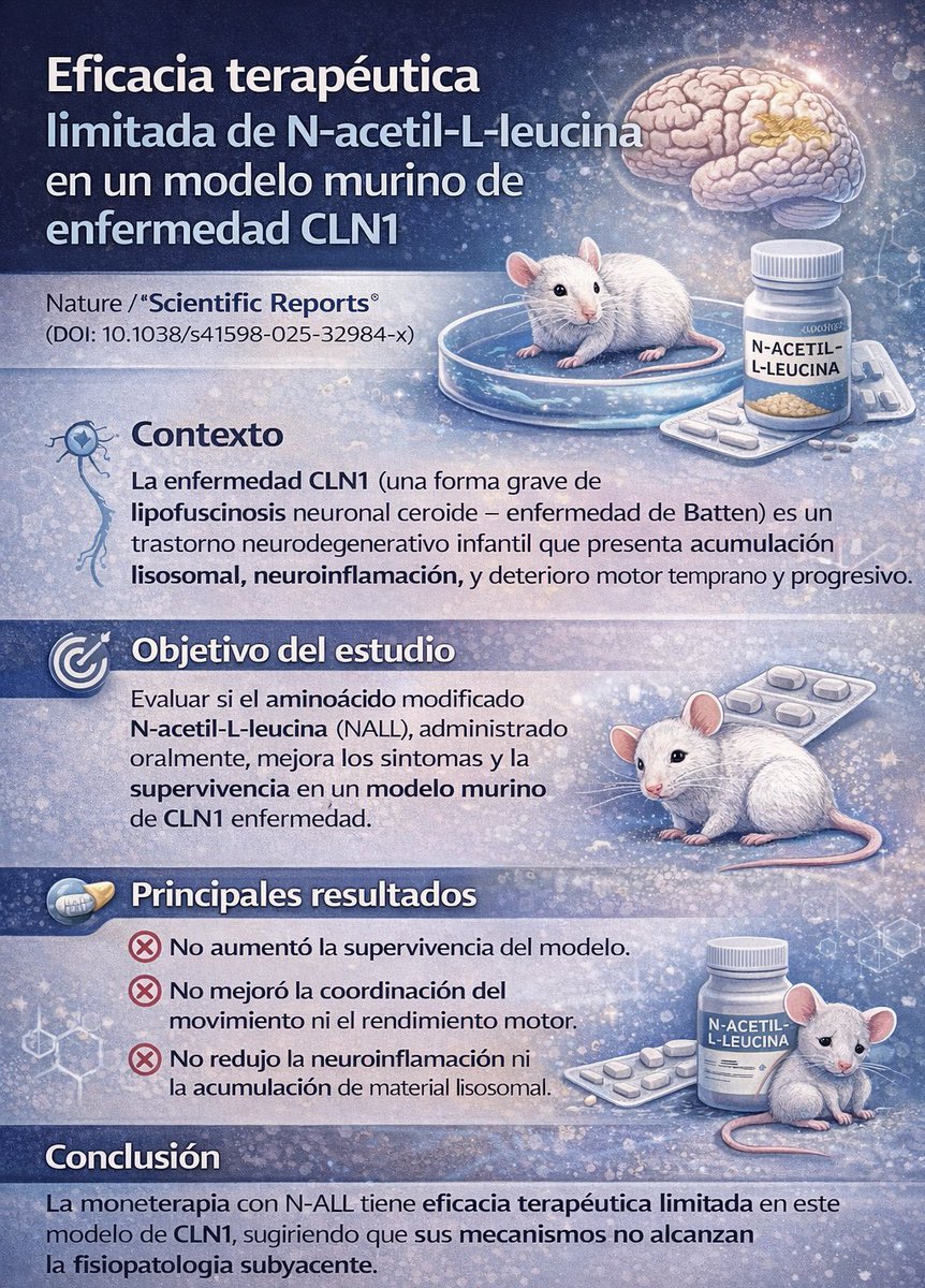 AECOMySociedad's tweet photo. 🧠🔬 Un estudio en Scientific Reports muestra que la N-acetil-L-leucina tiene eficacia terapéutica limitada en un modelo murino de CLN1 (Batten). Resultados clave para orientar futuras terapias
#EnfermedadesRaras #CLN1 #BattenDisease #Investigación #CienciaBasadaEnEvidencia https://t.co/q8gmDws1J8