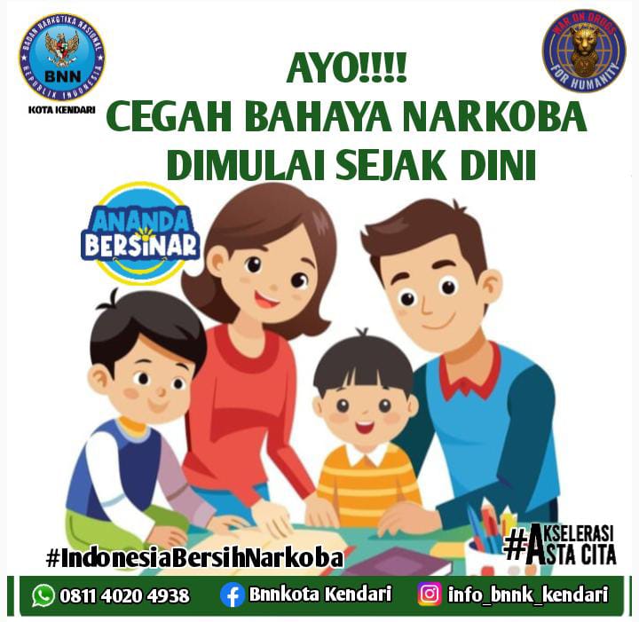 Mencegah bahaya narkoba sejak usia muda/dini adalah langkah krusial untuk melindungi masa depan anak-anak dan remaja.

"War On Drugs For Humanity"

HUMAS BNN KOTA KENDARI