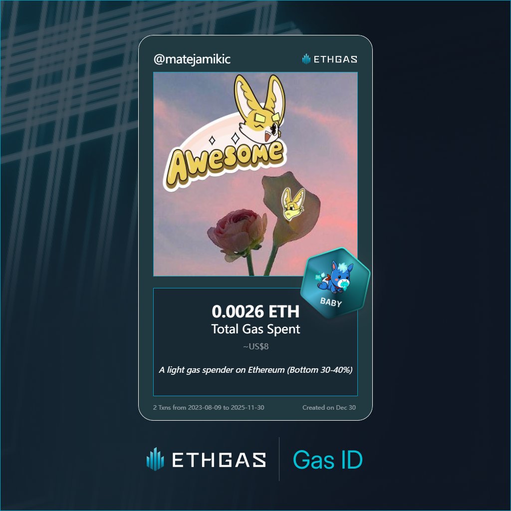 matejamikic's tweet photo. Discovered my Gas ID via ETHGas - turning my gas spend into rewards 🫘

As a Baby Jack, I've spent 0.0026 ETH on gas but earned 1 Beans back.

Get your Gas ID and Beans here: https://t.co/4mSjBYBx8Q https://t.co/5xdYLuFqyD