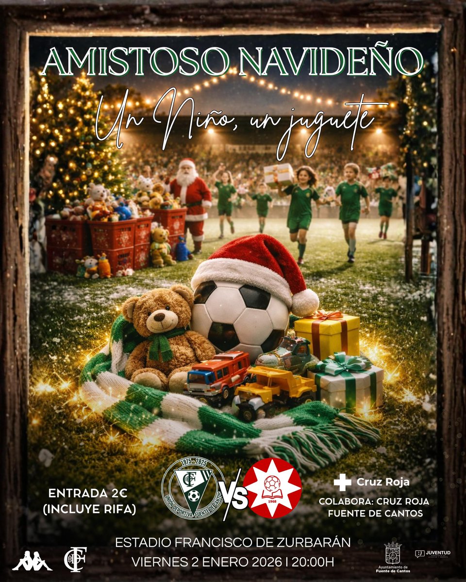 🎄⚽ AMISTOSO NAVIDEÑO ⚽🎄

🤍 Lema: Un niño, un juguete.
🎟 Entrada: 2€ (con rifa)
🎁 Cada niño que traiga un juguete para donar recibirá un cartucho de chuches.

Fútbol, solidaridad y Navidad… 
¡no puede faltar nadie! 💚🎅

<a href="/UDFDC/">UD Fuente de Cantos</a> 🆚 <a href="/UCLaEstrella/">☆ UC LA ESTRELLA ☆</a> 

#ApostandoAlVerde