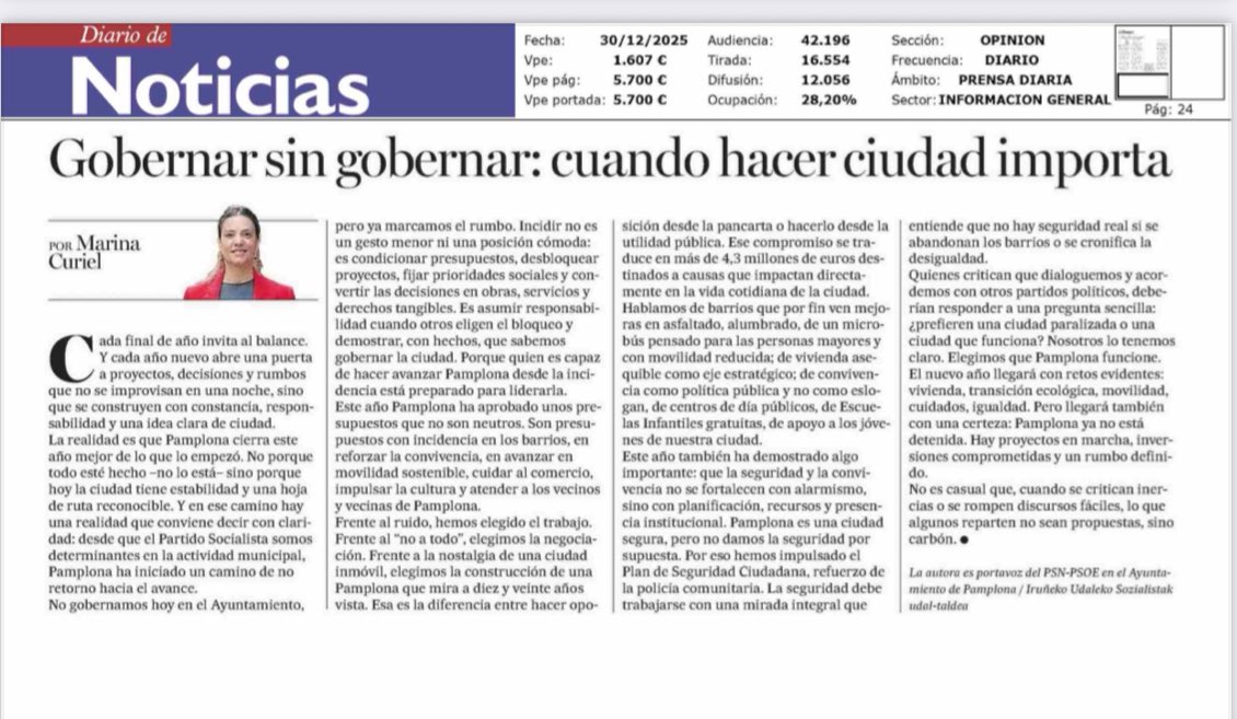 ✍🏻 No gobernamos en #Pamplona pero  marcamos el rumbo para mejorar nuestra ciudad 

📍Frente al ruido, hemos elegido el trabajo. Frente al “no a todo”, elegimos la negociación, aunque a algunos les moleste y en lugar de propuestas repartan carbón
👇
noticiasdenavarra.com/opinion/tribun…