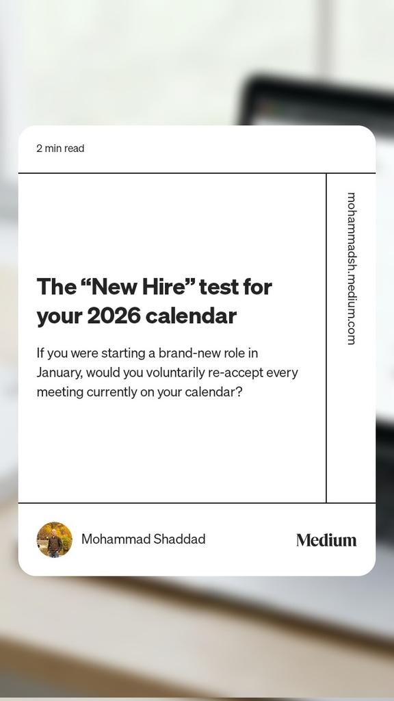 MohammadSH's tweet image. If you joined a new role tomorrow and inherited your current calendar, would you feel excited? Or overwhelmed?

As the year winds down, most people are either on leave or mentally half-checked out. Meetings are sparse. That pause is a gift.
 mohammadsh.medium.com/the-new-hire-t…