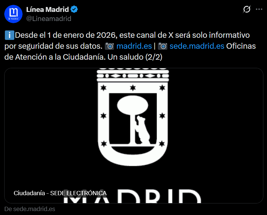 HilosValdebebas's tweet photo. 🫣👀¡OJO A ESTO! Desde este 1 de enero de 2026, se acabó eso de dar avisos de incidencias de seguridad, mantenimiento o limpieza a través de esta red social y la cuenta @Lineamadrid Una pena, era muy muy cómodo y a veces incluso funcionaba. Ahora
será un trámite más engorroso... https://t.co/djameeqxAo
