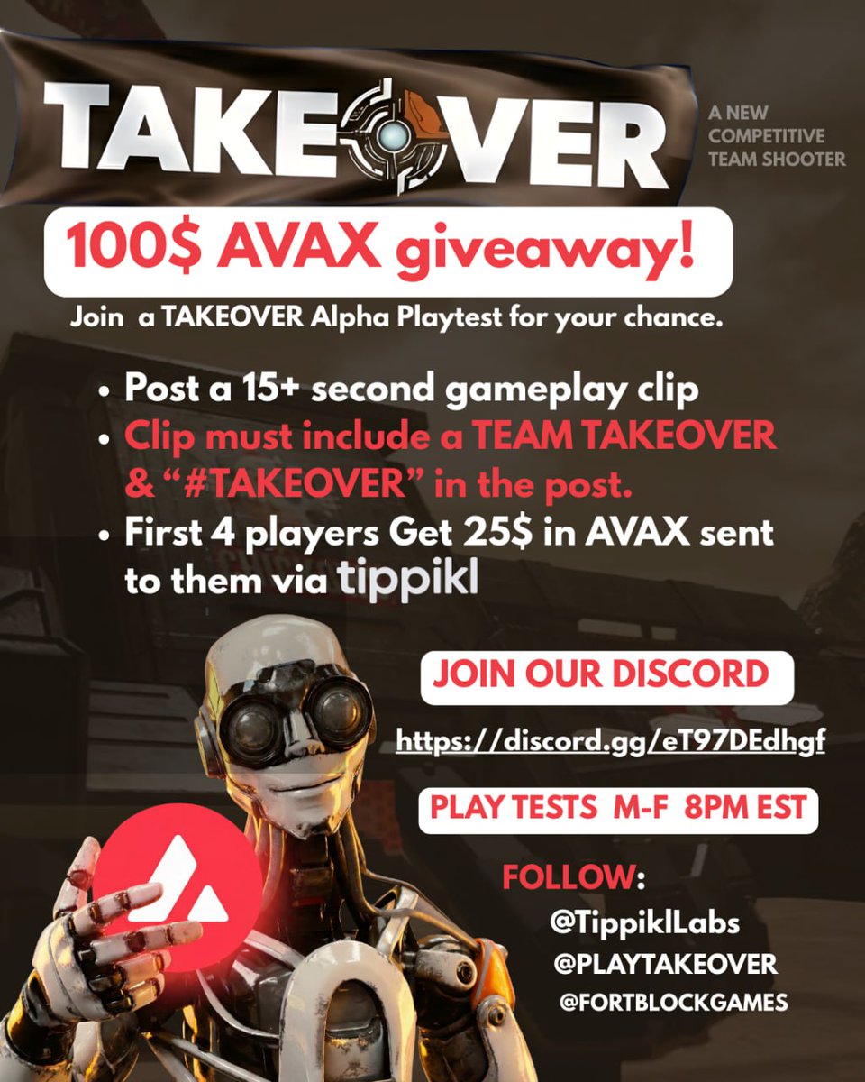 🔺️🔥🔺️Our latest competition is LIVE at <a href="/FortBlockGames/">FortBlockGames 🔺️</a> 🔺️🔥🔺️

100$ @AVAX giveaway!

Join a TAKEOVER Alpha Playtest for your chance.

• Post a 15+ second gameplay clip

• Clip must include a TEAM TAKEOVER &amp; #TAKEOVER in the post.

• First 4 players Get 25$ in AVAX