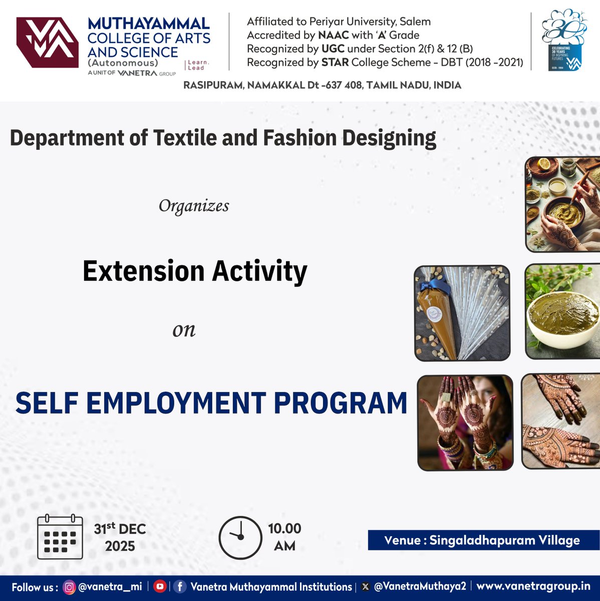 VanetraMuthaya2's tweet image. The Dept. of Textile &amp;amp; Fashion Designing, MCAS, organizes an Extension Activity on Self Employment Program to promote skill-based entrepreneurship. 🧵✨
📍Singaladhapuram Village |📅31.12.25
#SelfEmployment #ExtensionActivity #MCAS #SkillDevelopment #Entrepreneurship