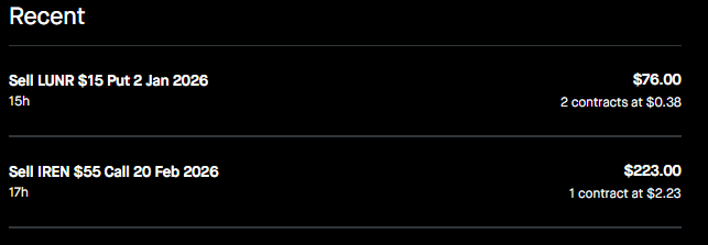 OneGuyTrading's tweet photo. 2 trades this week so far. 1 CC on $IREN and 1 CSP on $LUNR. Have a small amount remaining so may put on another trade if the right opportunity presents itself.

Total premiums for December 2025 = $1355.   
Total premiums collected since July 2025 = $7585. https://t.co/WGUH3aitU5