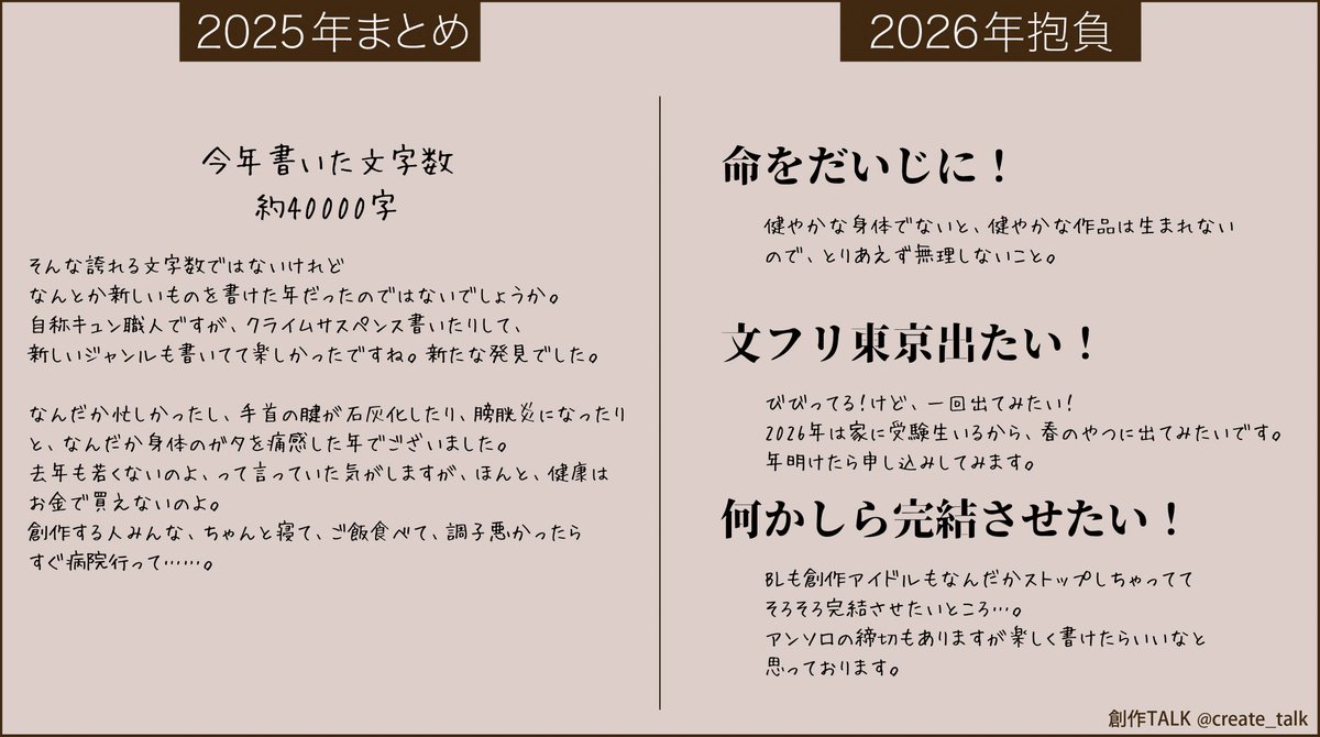 #創作2025_26
2025年の創作talkです。今年はたくさんは書けませんでしたが、ぼちぼち活動しておりました。振り返れば、マジで忙しいやん…ってなりましたが、それなりに頑張ってたのではないでしょうか。来年もいのちをだいじに楽しくやりたいと思います。