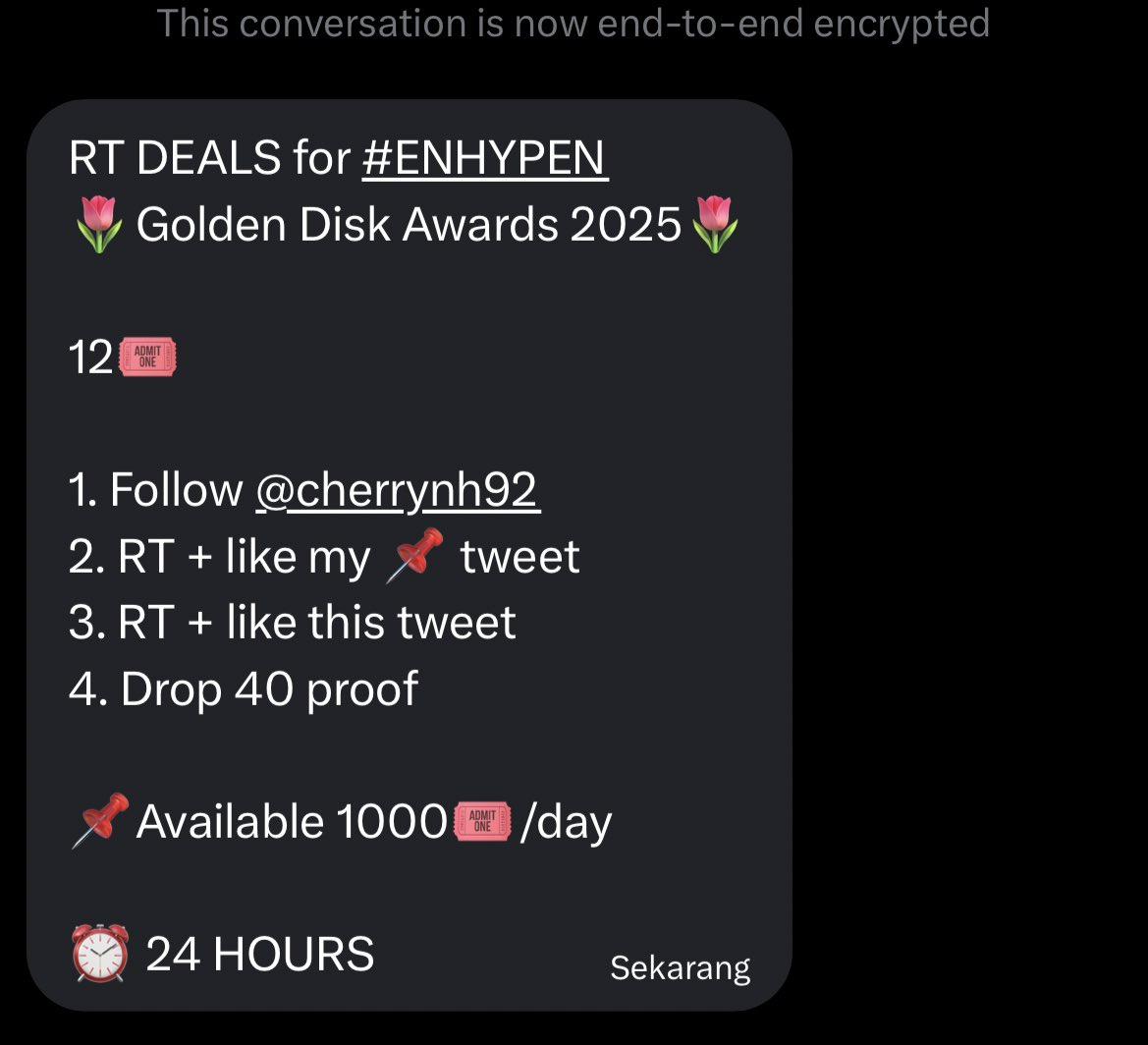 apr0dit's tweet image. RT DEALS for #ENHYPEN
🌷Golden Disk Awards 2025🌷

12🎟

1. Follow @cherrynh92
2. RT + like my 📌 tweet
3. RT + like this tweet
4. Drop 40 proof

📌Available 1000🎟/day

⏰ 24 HOURS