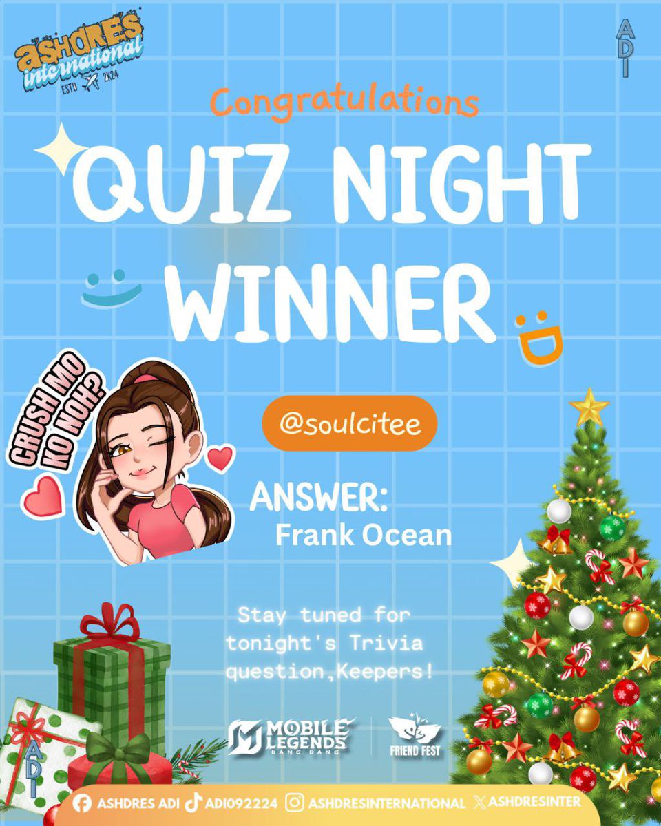 AshdresInter's tweet photo. We are down to our 8th winner! ๐
Congratulations to our MLBB x Ashtine Quiz Night Day 8 Winner ๐ฉต
Please send us a Dm on how to claim your prize ๐คญ๐ฉ
Watch out for the next one tonight and get the chance to win the prize ๐
#MLBBFriendFest
#MLBBXAshtine
#MLBBCrushMoKoNo
ASHDRES INTERNATIONAL ๐ฉต๐งก | ASHTINE OLVIGA :) | ANDRES MUHLACH :D