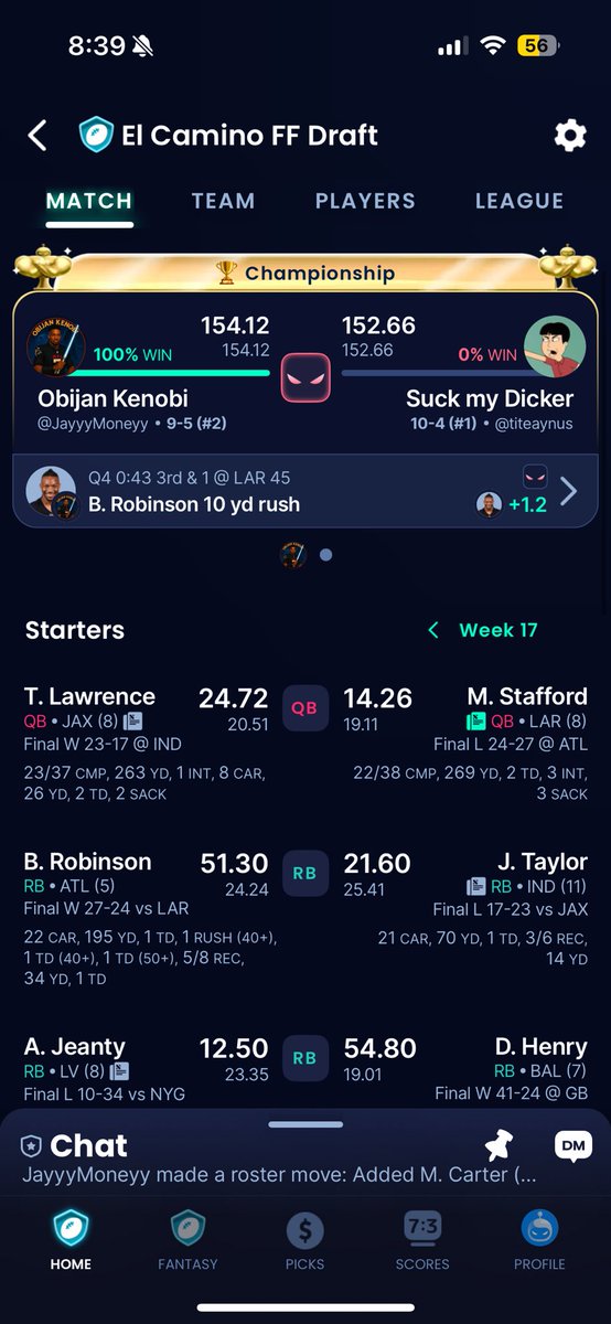jasonpatrick_'s tweet photo. @BarstoolBigCat I beat my friend, he had Stafford/London and I had Bijan https://t.co/c8WXKp3lNn