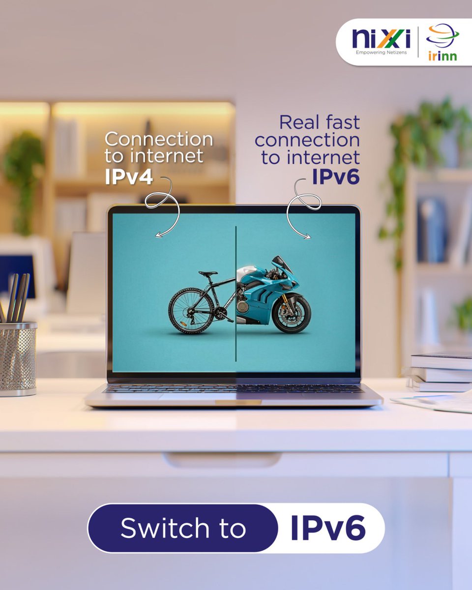 inregistry's tweet photo. Why wait for your internet to catch up?
While IPv4 connects you. IPv6 helps you move faster. Switch to IPv6 &amp; experience a faster, smoother, future-ready internet. Get your IP address at: https://t.co/nKujGkwojk
#IRINN #IPv6 #Speed #Connectivity #DigitalIndia #InternetProtocol https://t.co/QJo4uKWa6s