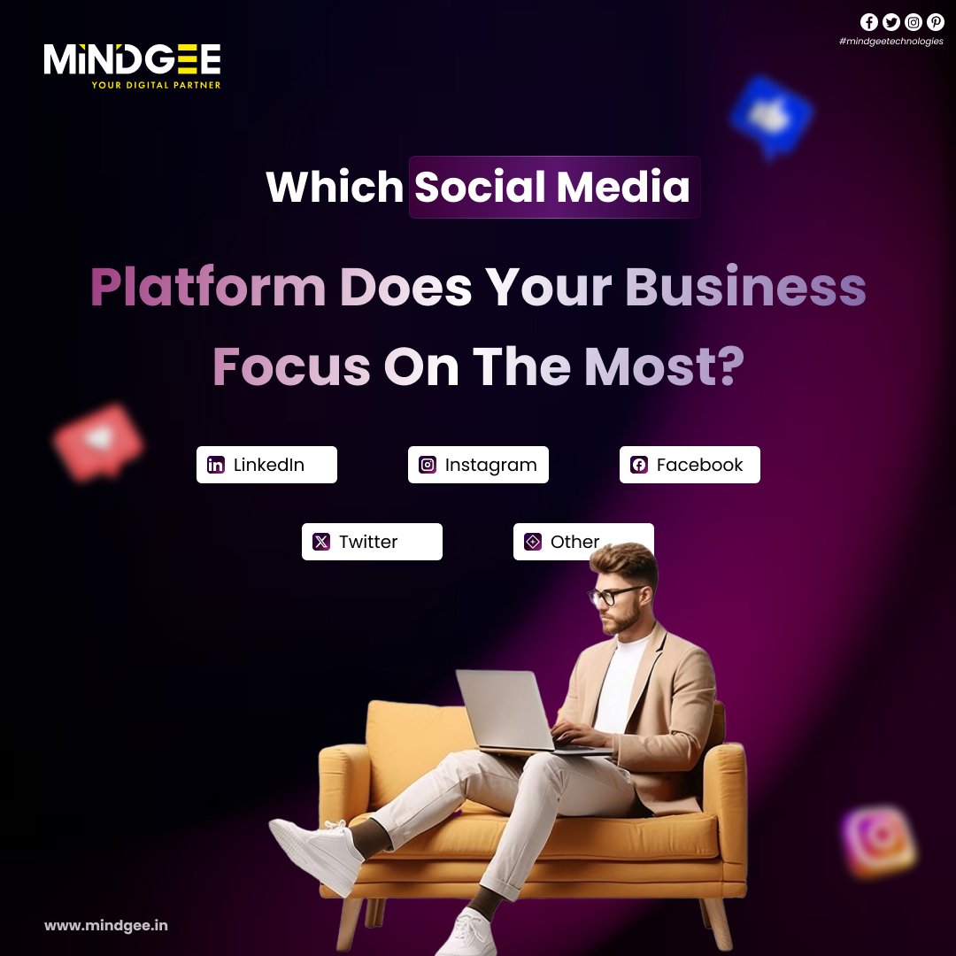 Which social media platform drives the most value for your business? 🤔

LinkedIn | Instagram | Facebook | Twitter (X) | Other
Let’s choose the right platform for smarter growth 🚀
🌐 mindgee.in | 📞 +91 89516 05480
#SocialMedia #MarketingStrategy #BusinessGrowth