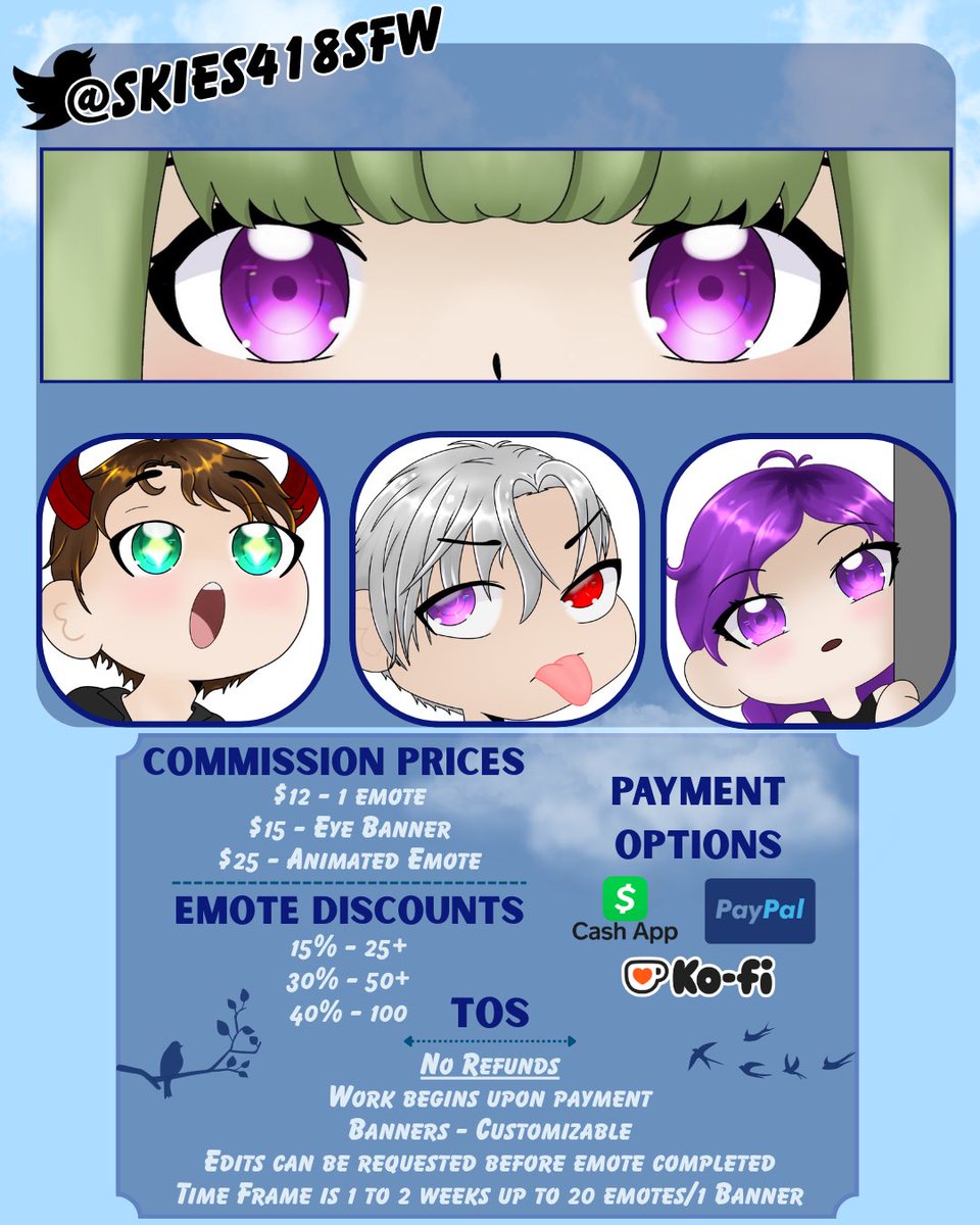 Skies418Sfw's tweet image. Here is my updated commission sheet! Please feel free to dm me about any questions you may have ^-^ 

I do take custom requests as well, price will be discussed upon discussion of what you may want.