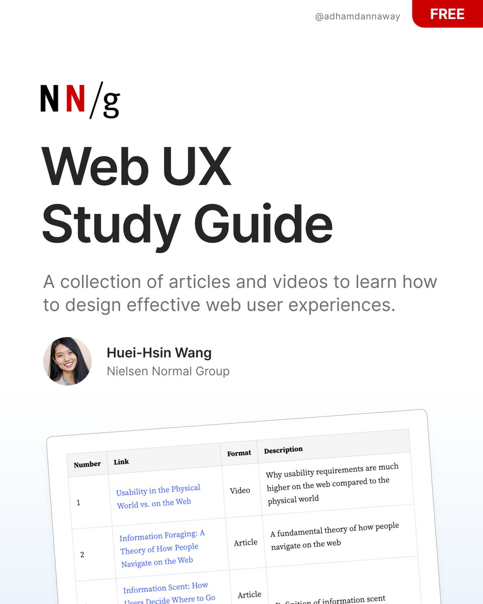 📖 Web UX  Study Guide

A collection of articles and videos to learn how to design effective web user experiences.

nngroup.com/articles/web-u…

By Huei-Hsin Wang (NNg)