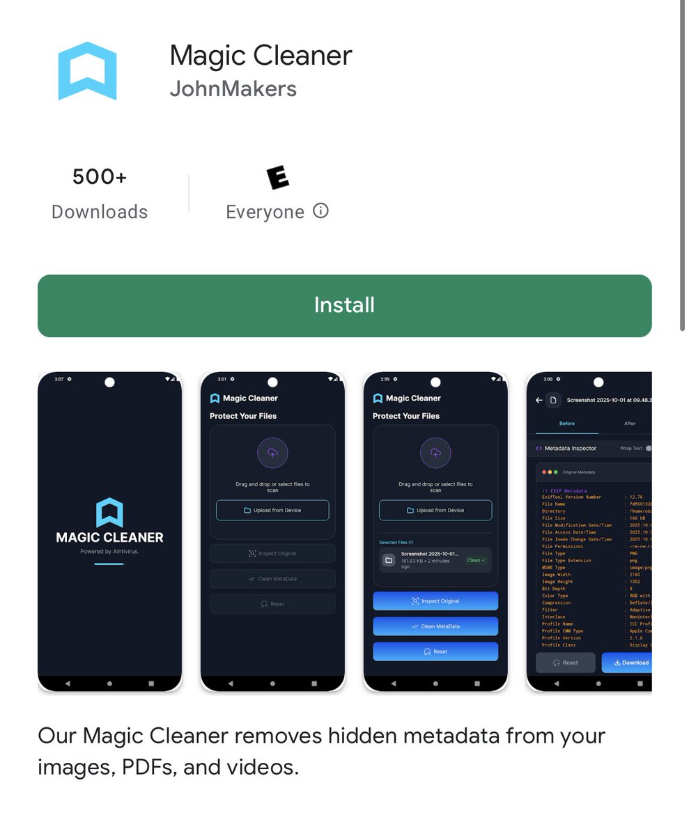 📲 Our Metadata Cleaner is live on Playstore!

Download Magic Cleaner at - play.google.com/store/apps/det…

This app will soon be available for IOS, we are waiting for the final approval.